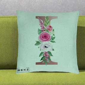 Cadou Personalizat - Perna Personalizata Monograma Rose Gold Litera I, 40x40 cm, Verde Menta, Husa Detasabila, Perna Inclusa, BEKZ®
