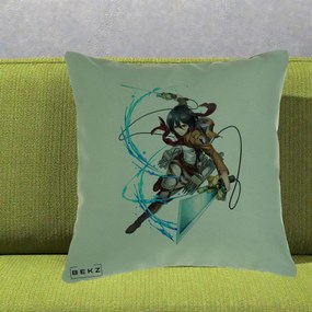 Perna Personalizata Attack on Titan Mikasa Ackerman Lupta, 40x40 cm, Verde, Husa Detasabila, Perna Inclusa, BEKZ®