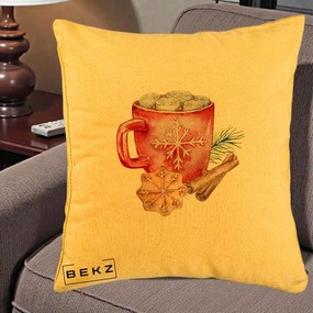 Perna Decorativa Cacao de Iarna cu Biscuit, 40x40 cm, Galben, Husa Detasabila, Perna Inclusa, BEKZ®