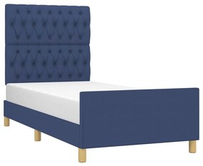 Cadru de pat cu tablie, albastru, 100x200 cm, textil Albastru, 100 x 200 cm, Design cu nasturi