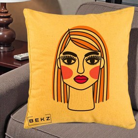 Perna Decorativa Portret Pop Art Fata, 40x40 cm, Galben, Husa Detasabila, Perna Inclusa, BEKZ®