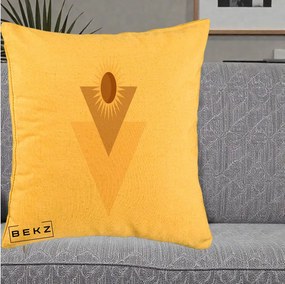 Perna Decorativa Boho Sun cu Triunghiuri Bej si Oval Solar, 40x40 cm, Galben, Husa Detasabila, Perna Inclusa, BEKZ®