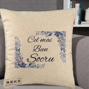 Cadou pentru Socru - Perna Personalizata Cel mai Bun Socru cu Flori Albastre Acuarela, 40x40 cm, Bej, Husa Detasabila, Perna Inclusa, BEKZ®