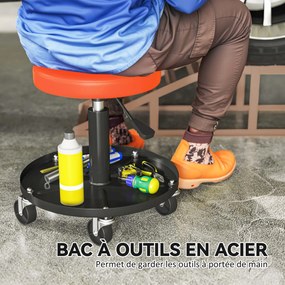 HOMCOM Taburet de atelier cu 5 roți pivotante 360°, înălțime reglabilă 38-50 cm, cu tavă, 38 x 38 x 38-50 cm, portocaliu | Aosom Romania