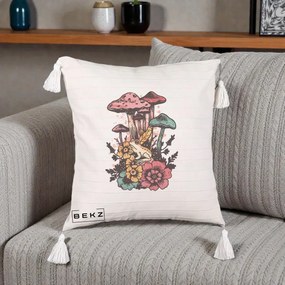 Perna Decorativa Ciuperci si Broaste Boho, 40x40 cm, Bej cu Franjuri, Husa Detasabila, Perna Inclusa, BEKZ®