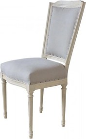Scaun dining tapițat clasic shabby chic din lemn de fag și stofă, alb, cu picioare canelate și ținte decorative, 99 x 44 x 53 cm, „Paris”