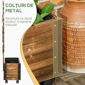 Outsunny Jardiniera cu Spalier pentru Plante Agatatoare si Roti, Jardiniera din Lemn de Brad cu Design Autodrenant, 65x31x147 cm, Maro Carbonizat