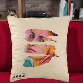 Perna Decorativa Portret Femeie Fragmentat Colorat, 40x40 cm, Bej, Husa Detasabila, Perna Inclusa, BEKZ®
