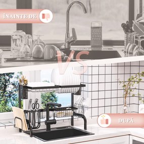 HOMCOM Uscător de Vase de Tip Stand Modular cu 2 Nivele 65x31.5x52.5 cm Negru | Aosom Romania