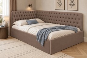 Pat tapițat pentru copii din catifea Elyra 120×200 cm, cappuccino, colț dreapta, cu ladă de depozitare
