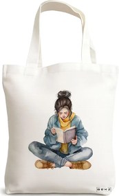 Sacosa de Panza pentru Cumparaturi, Geanta Tote, model The bookie girl 34 38 x 34.5 cm, Alba, BEKZ®