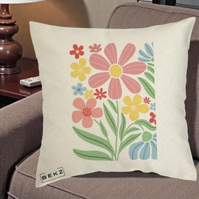 Perna Decorativa Flori Grafice Roz Pastel, 40x40 cm, Ecru, Husa Detasabila, Perna Inclusa, BEKZ®