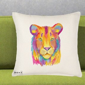 Perna Decorativa Leu Acuarela Curcubeu, 40x40 cm, Crem Reliefat, Husa Detasabila, Perna Inclusa, BEKZ®