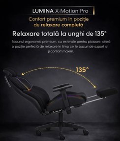 LUMINA X-Motion Pro –Scaun Gaming & Office Premium cu LED RGB, Masaj Lombar, Translatie Sezut și Suport pentru Picioare – Confort Inteligent și Design Spectaculos, Textil, Negru/Mov