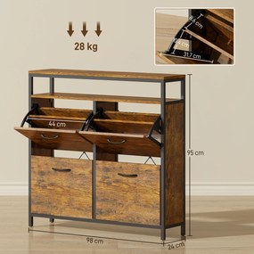 HOMCOM Dulap pentru pantofi cu 4 sertare pliabile, design compact, raft deschis, pentru 12-20 de perechi de pantofi, oțel, maro | Aosom Romania