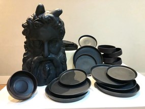 Set 3 Piese Ceramica Vulcano Negru Mat Carbon ( Farfurie Mare 25cm, Farfurie Mica 20 cm  Bol 15 cm diametru, 5cm inaltime,  400ml)