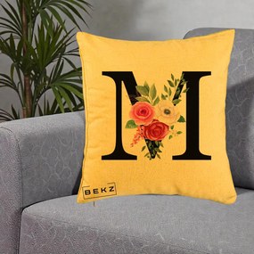 Cadou Personalizat - Perna Personalizata Monograma Florala Litera M cu Trandafiri si Anemona, 40x40 cm, Galben, Husa Detasabila, Perna Inclusa, BEKZ®