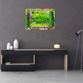 Tablou pe sticlă - Grădina magică cu lebede (70x50 cm)