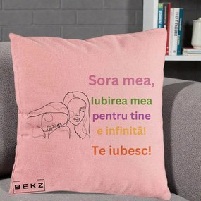 Cadou pentru Sora - Perna Personalizata Sora Mea Te Iubesc Line Art Fete Colorate Brate Ridicate, 40x40 cm, Roz, Husa Detasabila, Perna Inclusa, BEKZ®
