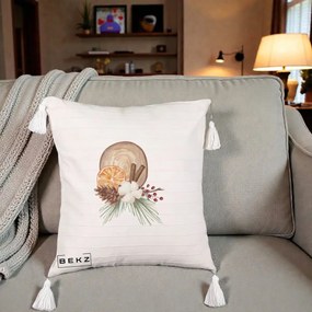 Perna Decorativa Aranjament de Craciun Nordic, 40x40 cm, Bej cu Franjuri, Husa Detasabila, Perna Inclusa, BEKZ®
