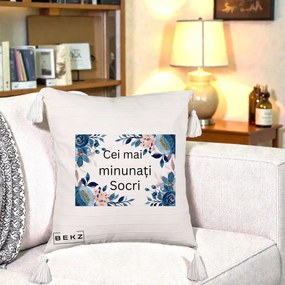 Cadou pentru Socri - Perna Personalizata Cei mai Minunati Socri cu Flori Albastre si Roz, 40x40 cm, Bej cu Franjuri, Husa Detasabila, Perna Inclusa, BEKZ®