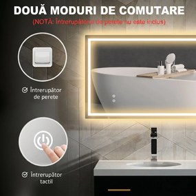HOMCOM Oglindă de Baie Iluminată cu Lumini LED Reglabile și Strat Anti-Condens, 100x60 cm, Transparent | Aosom Romania