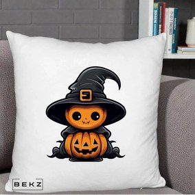 Perna Decorativa Halloween Dovleac Vrajitor Kawaii, 40x40 cm, Alb Pufos, Husa Detasabila, Perna Inclusa, BEKZ®