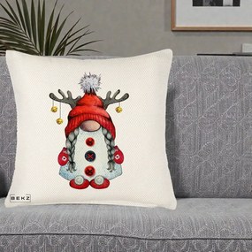 Perna Decorativa Pitic Gnom Craciun cu Coarne de Ren, 40x40 cm, Crem Reliefat, Husa Detasabila, Perna Inclusa, BEKZ®