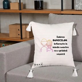 Cadou pentru Bunici - Perna Personalizata Iubirea Bunicilor Infloreste Cuplu Line Art Gradient, 40x40 cm, Bej cu Franjuri, Husa Detasabila, Perna Inclusa, BEKZ®