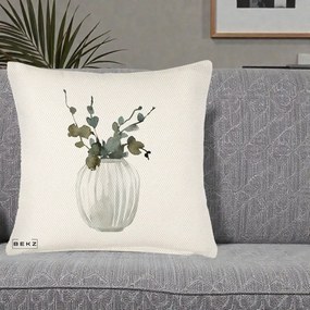 Perna Decorativa Vaza cu Eucalipt Watercolor, 40x40 cm, Crem Reliefat, Husa Detasabila, Perna Inclusa, BEKZ®