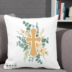 Perna Personalizata Cruce Florala Botez, 40x40 cm, Alba Mata, Husa Detasabila, Perna Inclusa, BEKZ®