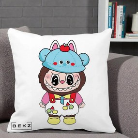 Perna Personalizata Labubu x Urs Albastru Colorat, 40x40 cm, Alba Mata, Husa Detasabila, Perna Inclusa, BEKZ®