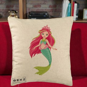 Perna Decorativa Sirena Roz cu Coroana, 40x40 cm, Bej, Husa Detasabila, Perna Inclusa, BEKZ®