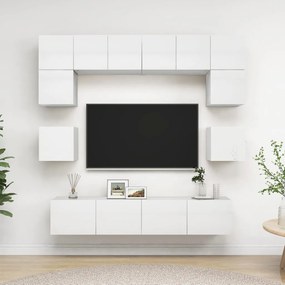 Set de dulapuri TV, 8 piese, alb extralucios, lemn prelucrat 1, Alb foarte lucios, 80 x 30 x 30 cm