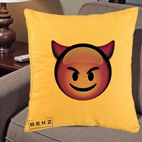 Perna Decorativa Emoji Diavol Mov, 40x40 cm, Galben, Husa Detasabila, Perna Inclusa, BEKZ®