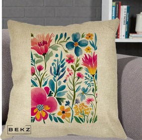 Perna Decorativa Gradina Florala Acuarela Colorata, 40x40 cm, Crem, Husa Detasabila, Perna Inclusa, BEKZ®