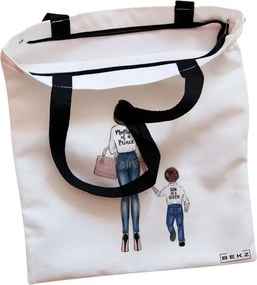 Sacosa de Panza pentru Cumparaturi, Geanta Tote, model Mother of a prince, Cu fermoar, 38x34.5 cm, Alba, BEKZ®