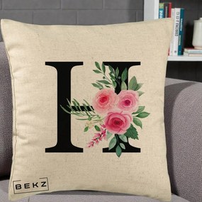 Cadou Personalizat - Perna Personalizata Monograma Florala Litera H cu Trandafiri Roz, 40x40 cm, Bej, Husa Detasabila, Perna Inclusa, BEKZ®