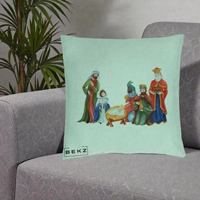 Perna Decorativa Nasterea Domnului Cei Trei Magi Acuarela, 40x40 cm, Verde Menta, Husa Detasabila, Perna Inclusa, BEKZ®