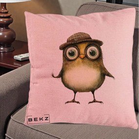 Perna Decorativa Pui Intelectual cu Palarie Tweed, 40x40 cm, Roz, Husa Detasabila, Perna Inclusa, BEKZ®