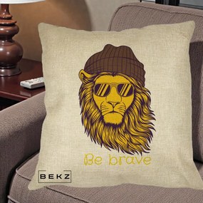 Perna Decorativa Leu Hipster Be Brave, 40x40 cm, Crem, Husa Detasabila, Perna Inclusa, BEKZ®