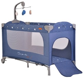 Patut pliant transformabil in tarc copii NOVOKIDS™ Onceuponatime NEST, 62X125 cm, 2 Niveluri, Jucarie Carusel muzical, Fermoar acces lateral, Albastru