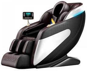 Fotoliu de masaj LUCIUS, cu Incalzire, Bluetooth, Display, Ecran tactil, Controler rapid cotiera, dispozitiv incarcare USB, Zero Gravity, 2 Boxe, Moduri Automate, Suport Picioare extensibil, Piele PU Premium, Maro