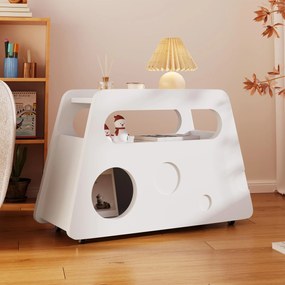 Măsuță laterală cu roți, colțuri rotunjite, mobilă, economisitoare de spațiu, pentru living și dormitor, 81x33x51,5 cm, Albă