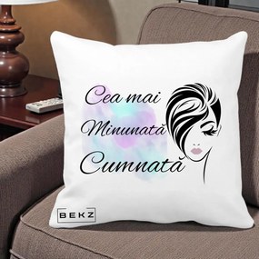 Cadou pentru Cumnata - Perna Personalizata Cea mai Minunata Cumnata cu Silueta Dama si Pete Multicolor, 40x40 cm, Alba Mata, Husa Detasabila, Perna Inclusa, BEKZ®