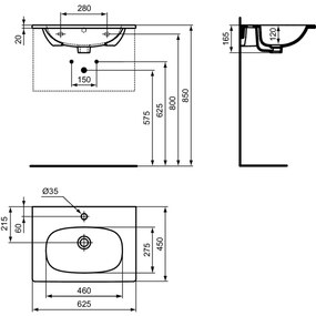 Lavoar incastrat alb lucios 63 cm, dreptunghiular, Ideal Standard Tesi Alb lucios, 625x450 mm