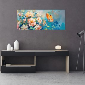 Tablou - Fluture și flori, pictură în ulei II. (120x50 cm)