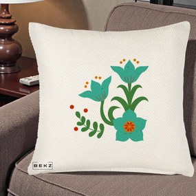 Perna Decorativa Flori Stilizate Folk Turcoaz, 40x40 cm, Crem Reliefat, Husa Detasabila, Perna Inclusa, BEKZ®