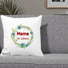 Cadou pentru Mama - Perna Personalizata Mama Te Iubesc Flori Albastre, 40x40 cm, Alba Mata, Husa Detasabila, Perna Inclusa, BEKZ®