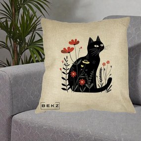 Perna Decorativa Pisica Neagra Flori Rosii Folk, 40x40 cm, Crem, Husa Detasabila, Perna Inclusa, BEKZ®